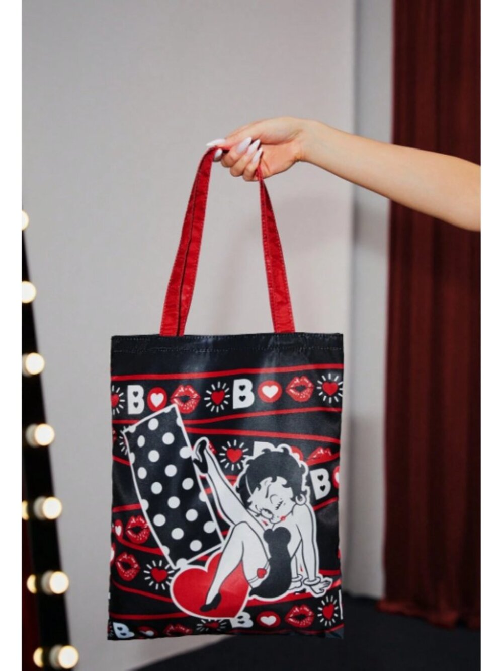 Betty Boop Foldable Reusable Shopping Bag Black with Red Hearts & Lips - Picture 2 of 6